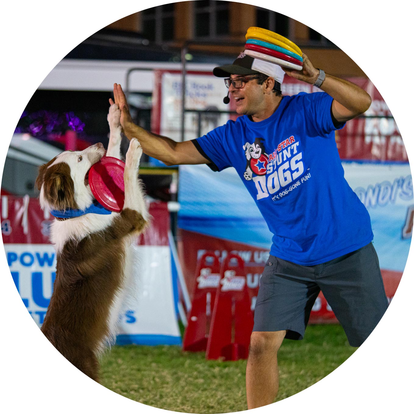 Chirs Perondi and dog during show at Tulsa State Fair